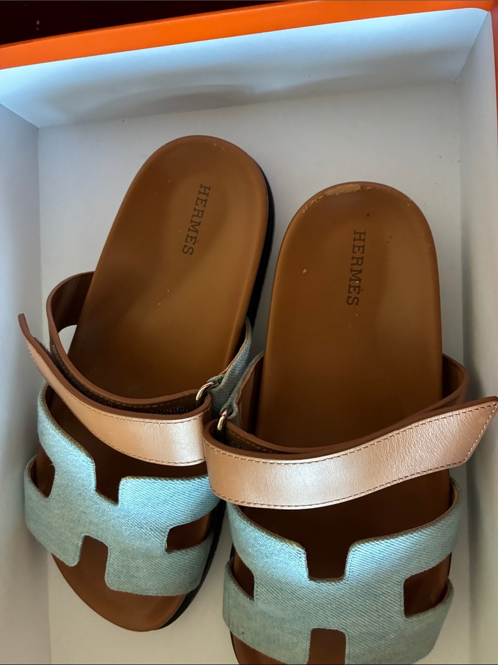 Hermes Tan Leather and Light Blue Canvas H-strap Slide Sandals